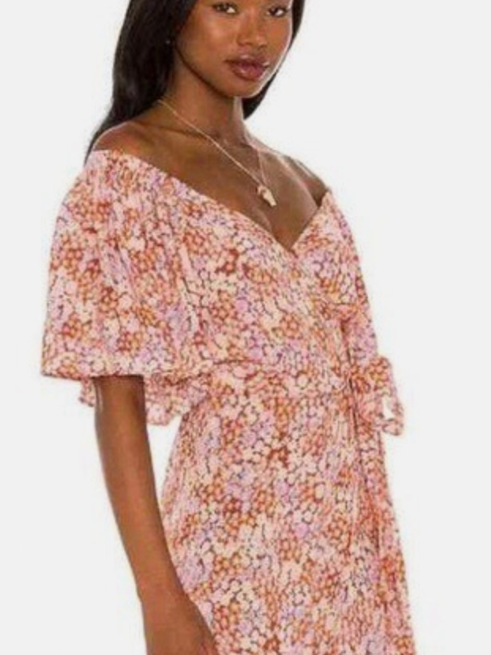Floral Off-Shoulder Wrap Dress in Pink and Rust 
Lspace wrap dress